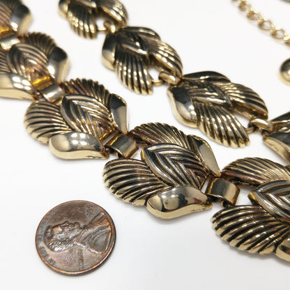 Vintage 1960s Gold Tone Leaf Link Necklace Bracelet Set Mid Century Unsigned