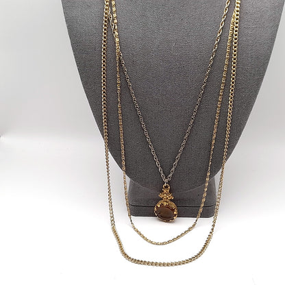 Vintage Goldette Three Layering Strands Intaglio Cameo Pendant Necklace
