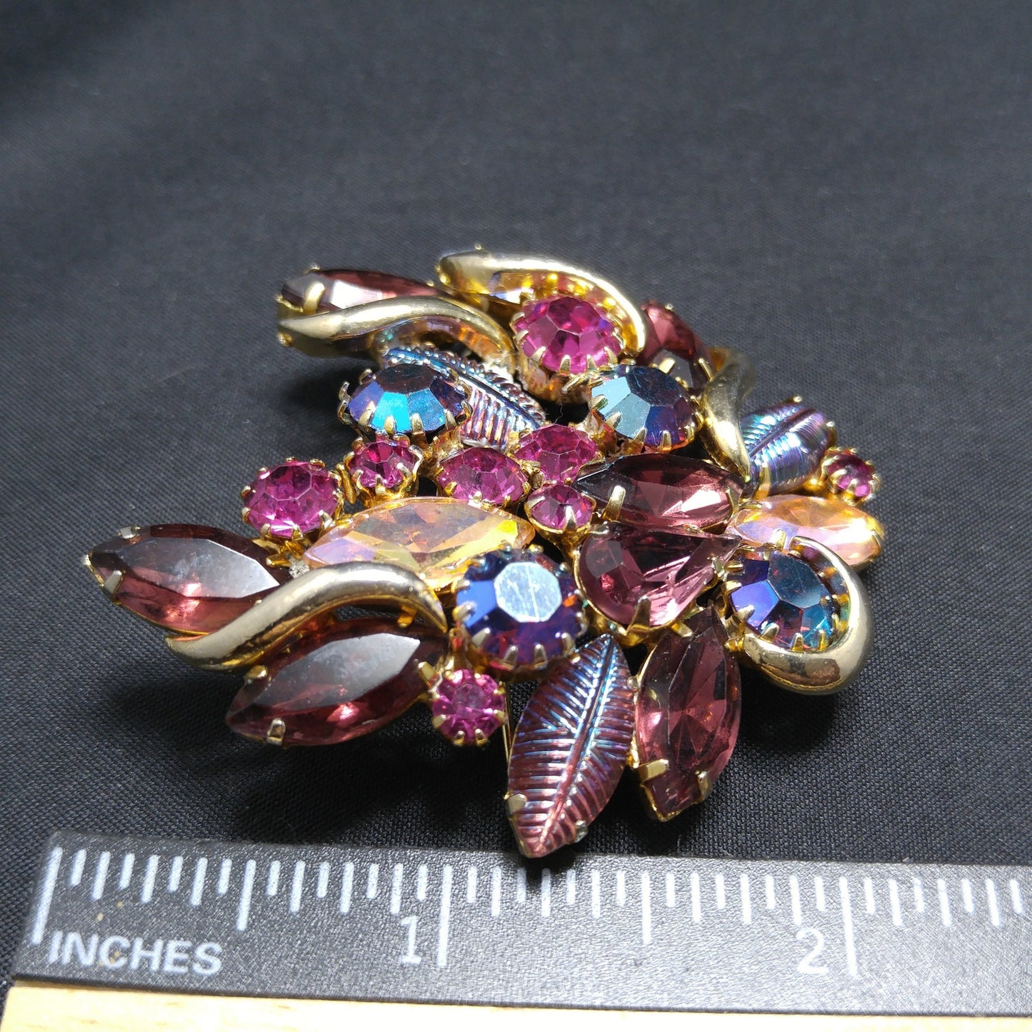 Designer Art Glass Rhinestone Brooch, Carnival Glass, Gold Plated, 1950s Vintage Jewelry