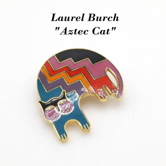 Laurel Burch "Aztec Cat" Brooch, Gold Plated, Rainbow Enamel, 1980s Vintage Jewelry