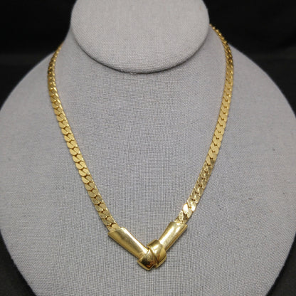 Monet Herringbone Chain Necklace, Gold Plated, V Pendant, 1980s Vintage Jewelry