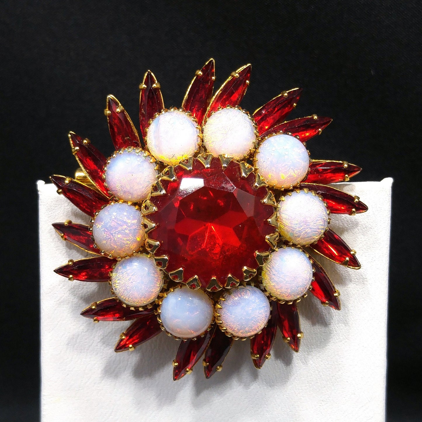 Vintage Judy Lee Faux Fire Opal Red Rhinestone Brooch, Gold Plated, 1960s