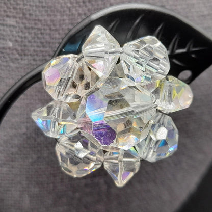 Clear Aurora Borealis Crystal Necklace Earrings Set, Four Strands, Clip Earrings, 1950s Vintage Jewelry