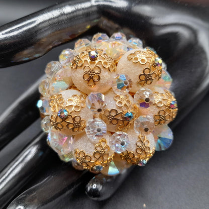 Vintage Crystal Bead Brooch, Aurora Borealis, Art Glass Globes, Filigree End Caps, 1960s Vintage Jewelry