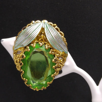 West Germany Green Clip Earrings, Filigree Green Enamel, Faux Pearls, 1950s Vintage Jewelry