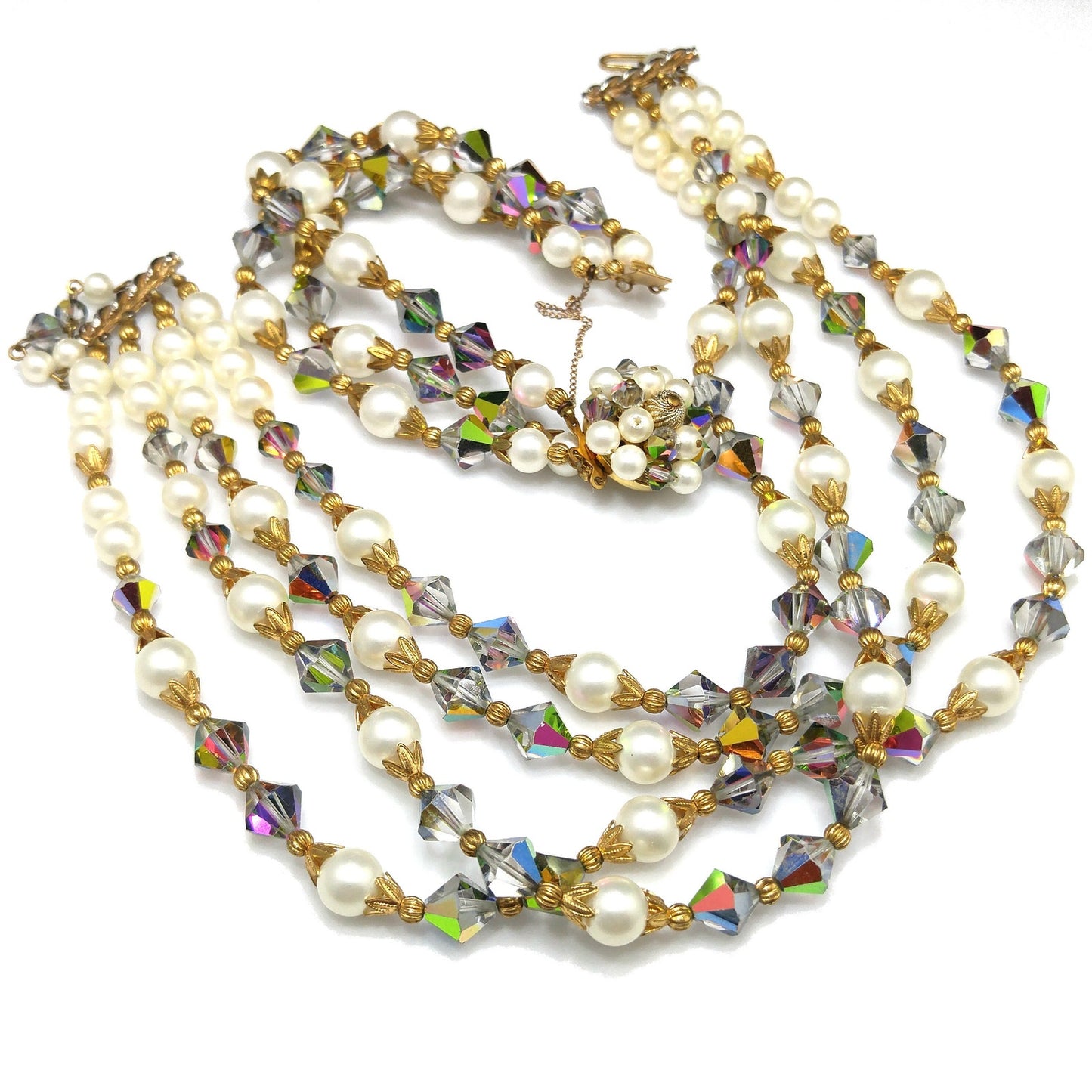 Alice Caviness Necklace & Bracelet Set, Aurora Borealis Crystal Faux Pearl Beads, 1960s Vintage Jewelry