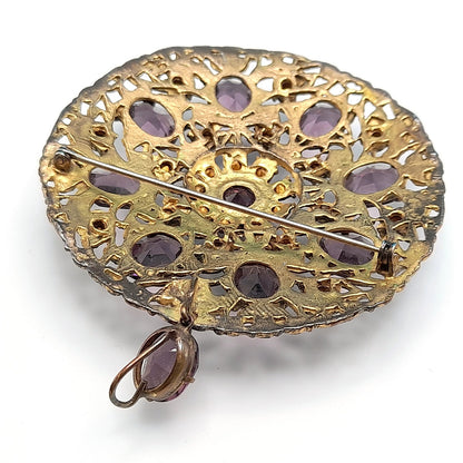 Vintage 1930s Purple Glass Brooch Pendant, Pot Metal, 3 1/2 Inches