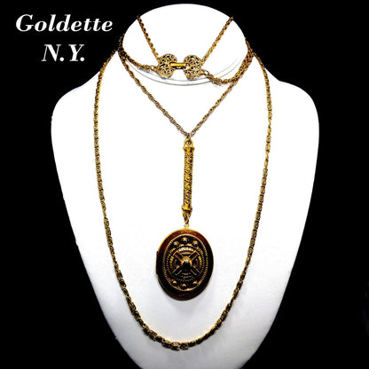 Goldette Large Locket Necklace, Gold Plated, Two Strands, 1950s Vintage Jewelry