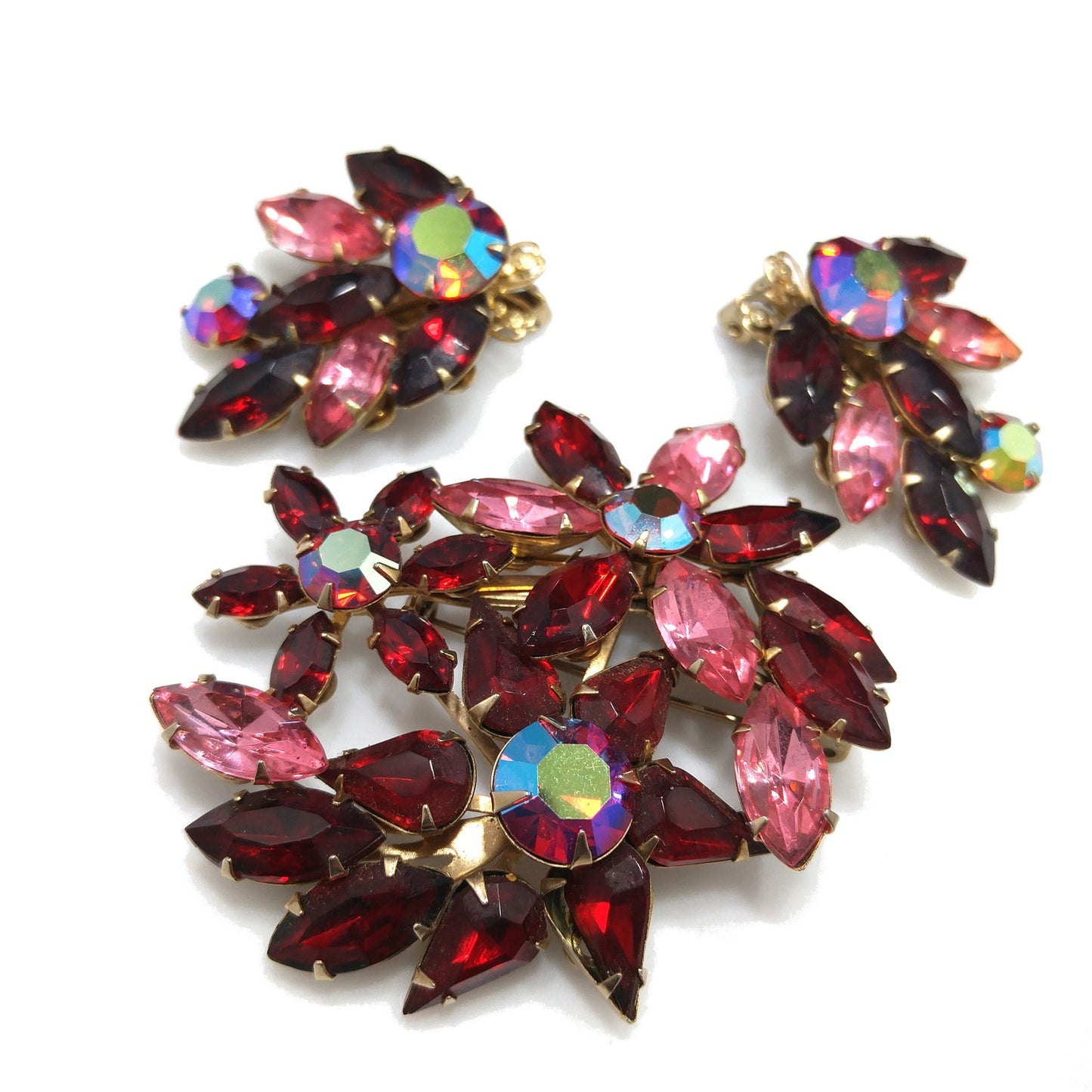 Vintage Beau Jewels Rhinestone Set – 1950s Brooch & Earrings, Red AB Crystals