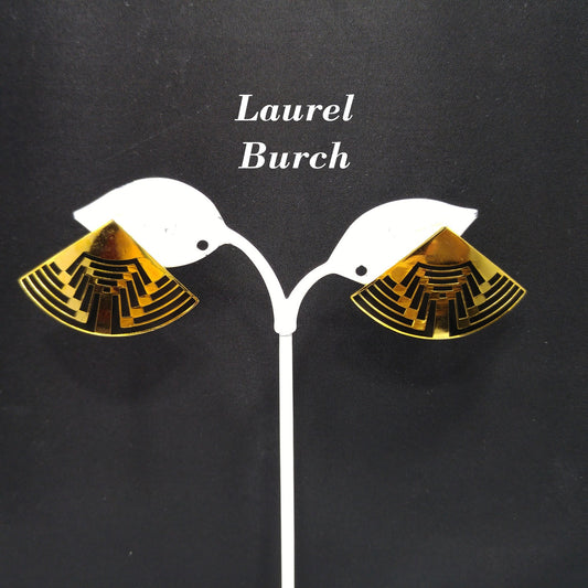 Vintage Laurel Burch Large Fan Post Earrings, Black Enamel, Gold Plated