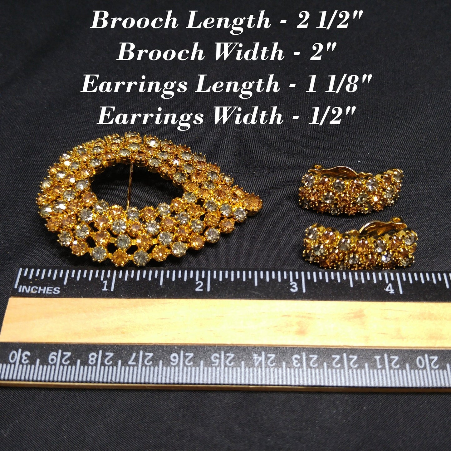 Kramer Vintage Rhinestone Brooch & Clip Earrings Set Topaz Gray Gold Plate 1960s