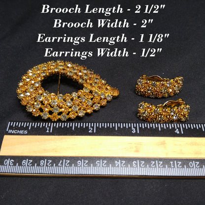 Kramer Vintage Rhinestone Brooch & Clip Earrings Set Topaz Gray Gold Plate 1960s
