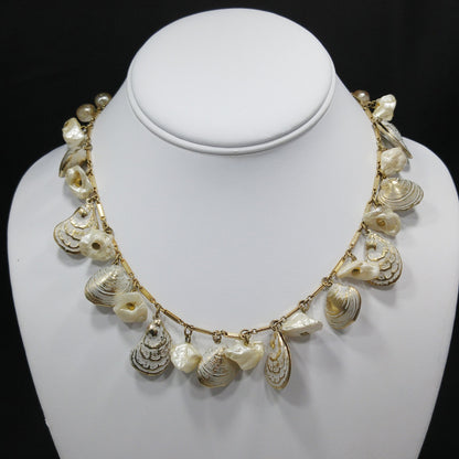 Sea Shell & Faux Pearl Charm Necklace, Gold Tone Chain, 1950s Vintage Jewelry