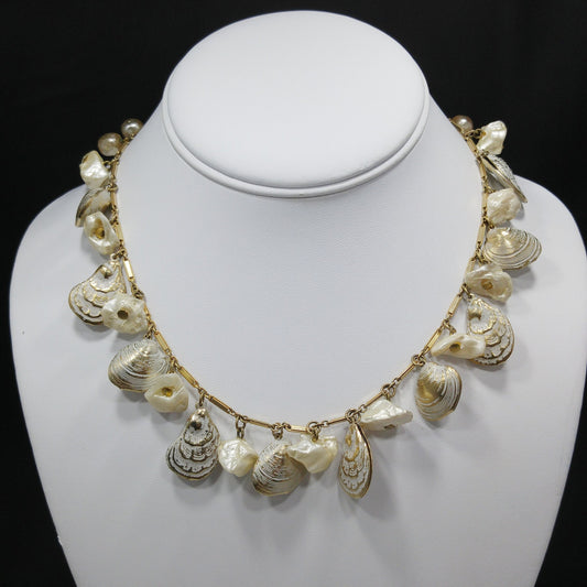 Sea Shell & Faux Pearl Charm Necklace, Gold Tone Chain, 1950s Vintage Jewelry