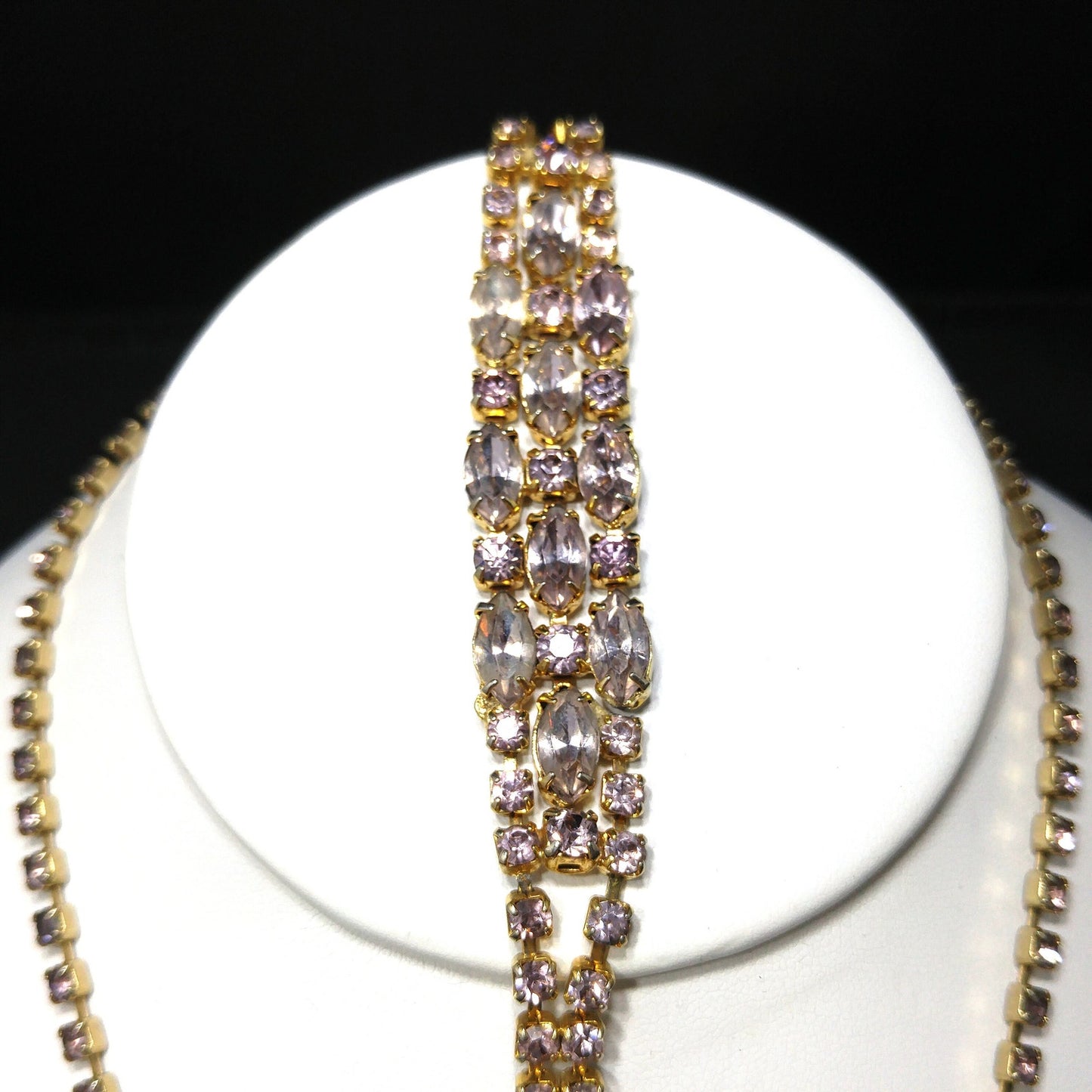 Vintage Lavender Rhinestone Festoon Necklace Bracelet Set, Gold Plated, 1950s Vintage Jewelry