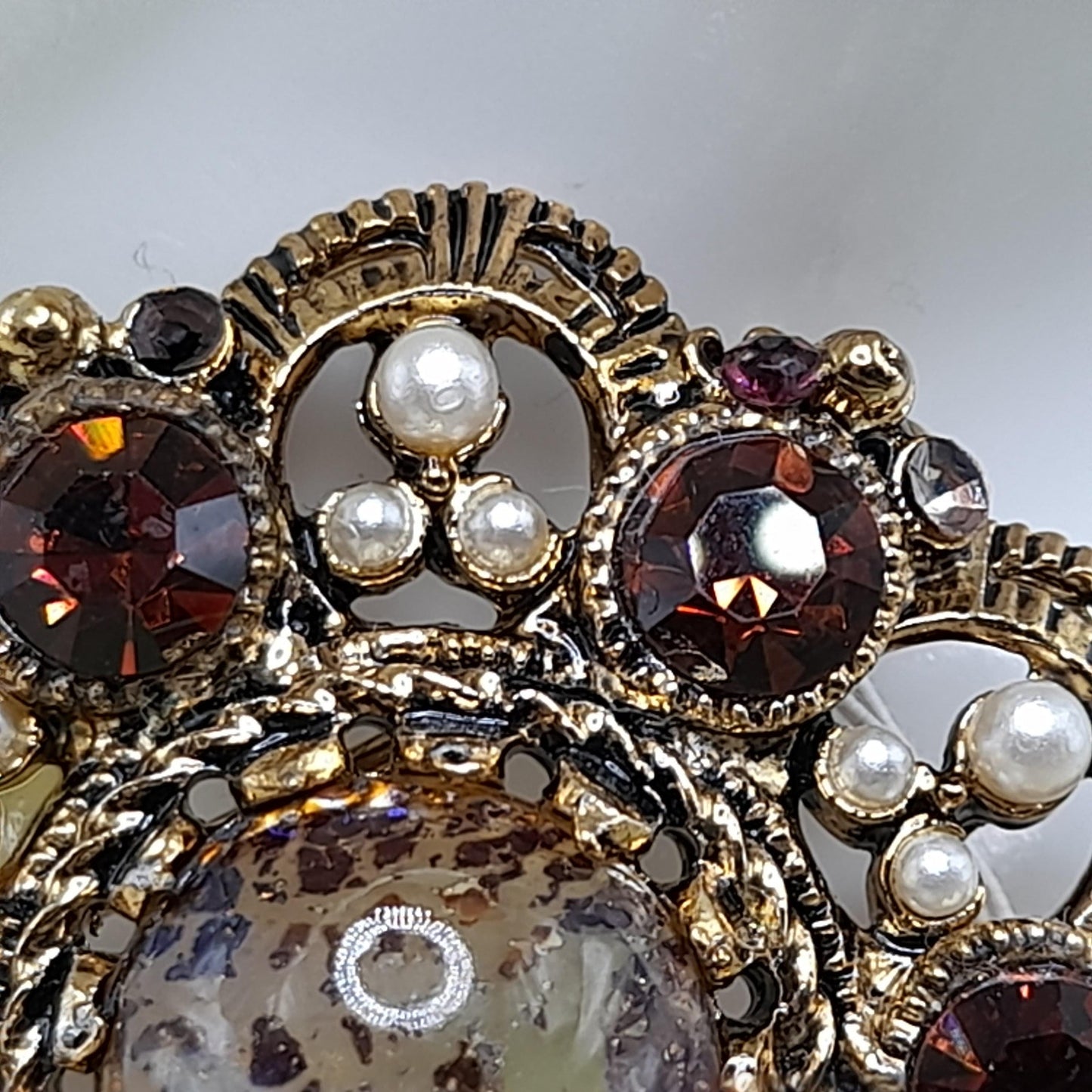 Vintage Weiss Fire Opal Dragons Breath Topaz Brooch Pendant, Faux Pearls, 1960s