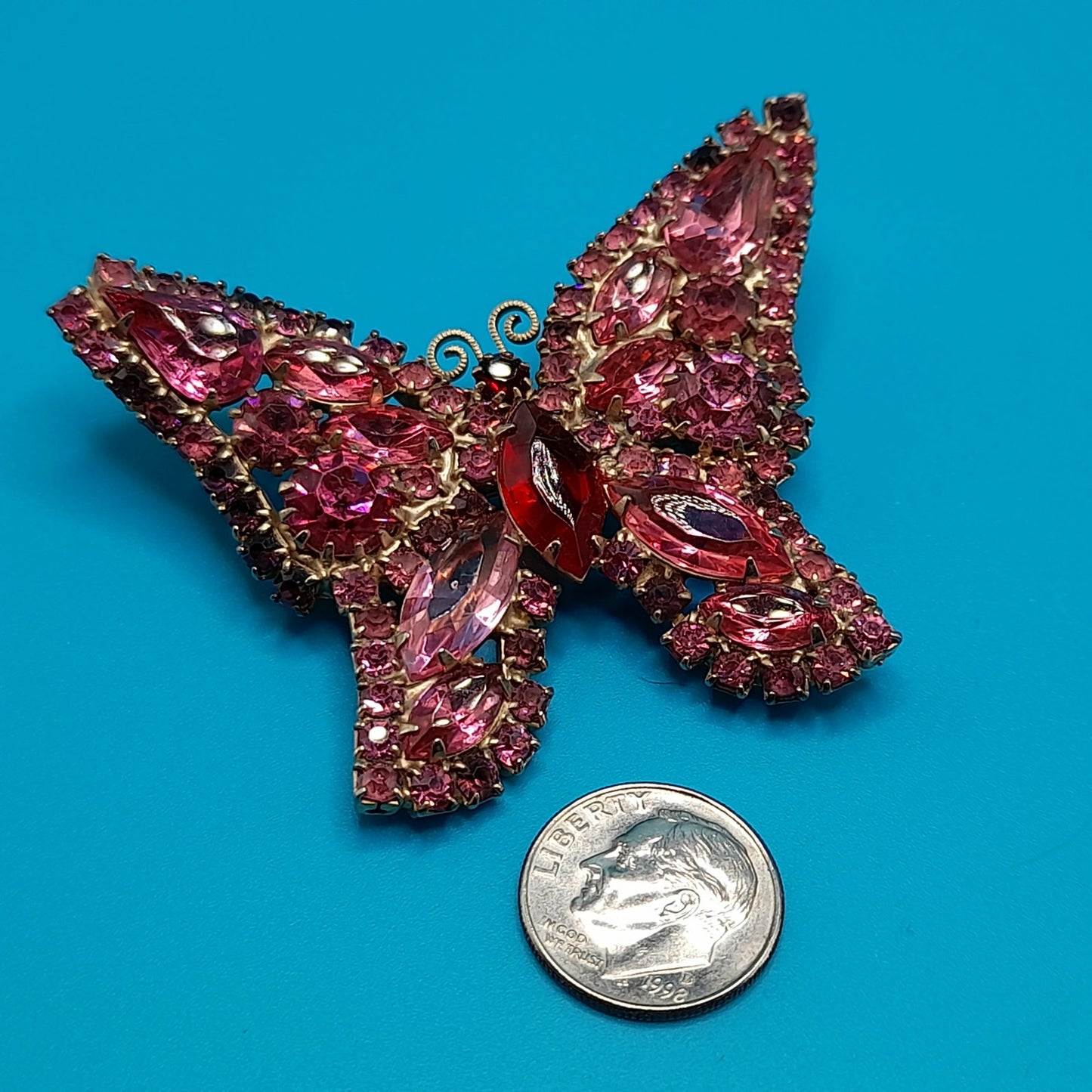 Vintage Weiss Butterfly Brooch, Pink Red Rhinestones, 1950s Jewelry