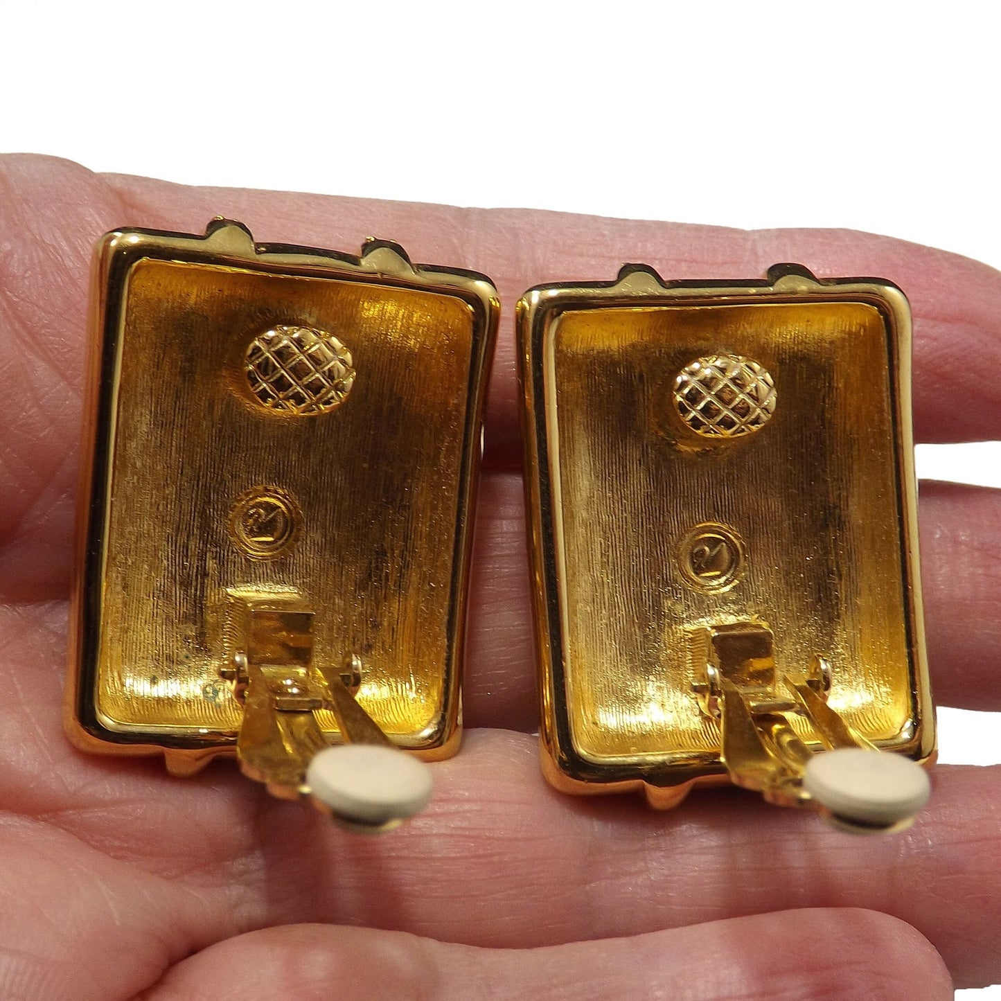 Vintage Swarovski Gold Black Enamel Clip Earrings, Crystal Rhinestones Swan Logo