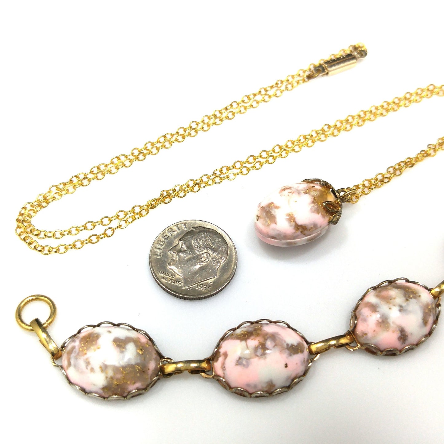 German Pink Gold Glitter Robins Egg Bracelet & Necklace, 1950s Vintage Jewelry