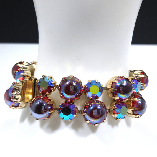 Mid-Century Red Aurora Borealis Rhinestone Cabochon Bracelet, Gold Plated, 1960s Vintage Jewelry