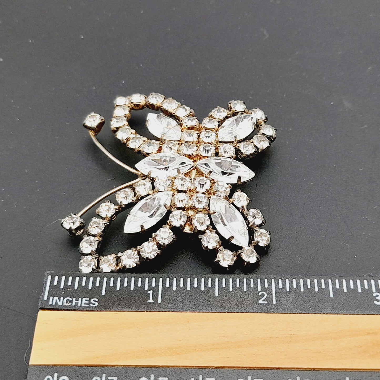 Vintage Mid-Century Clear Rhinestone Butterfly Brooch Pin Silver Tone