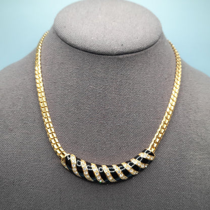 Vintage Swarovski Swan Logo Necklace – Gold Plated Black Enamel Crystal 1980s