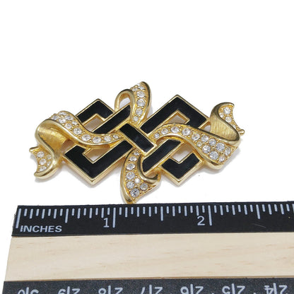 Vintage Swarovski Ribbon Brooch – Black Enamel & Clear Pavé Crystals, 1980s–1990s