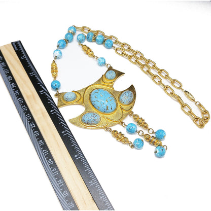 Vendome Pendant Necklace, Gold Plated, Faux Glass Turquoise, 1960s Vintage Jewelry