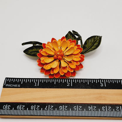 Vintage 1960s Orange Green Enamel Flower Brooch