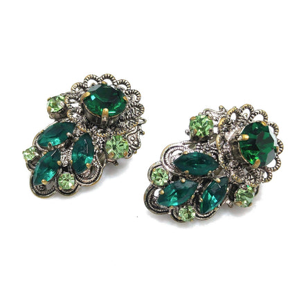 Western Germany Green Filigree Clip Earrings, Light Dark Green Rhinestones, 1950s Vintage Jewelry