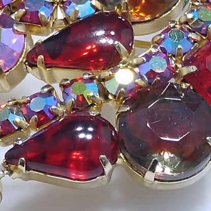Red Aurora Borealis Rhinestone Question Mark Brooch, Gold Plated, 1960s Vintage Jewelry