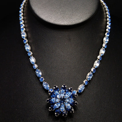 Kramer of New York Blue Rhinestone Floral Pendant Choker Necklace, 1950s Vintage Jewelry