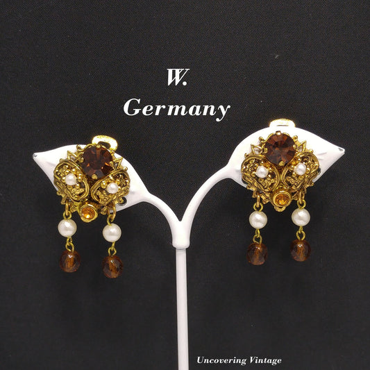 Western Germany Topaz Filigree Clip Earrings, Faux Pearls, 1950s Vintage Jewelry