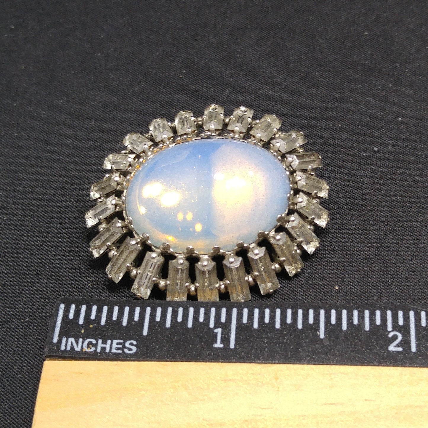 West Germany Faux Moonstone Brooch, Clear Baguettes, 1950s Vintage Jewelry