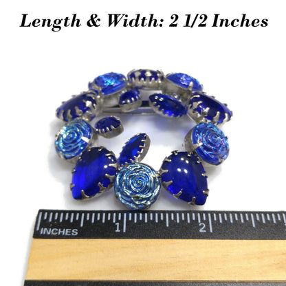 Cobalt Blue Iridescent Rose Wreath Brooch, Silver Tone, Prong Set Rhinestones, 1960s Vintage Jewelry