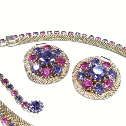 Vintage Weiss Mesh Necklace & Earrings Set, Purple Pink Rhinestones, 1950s