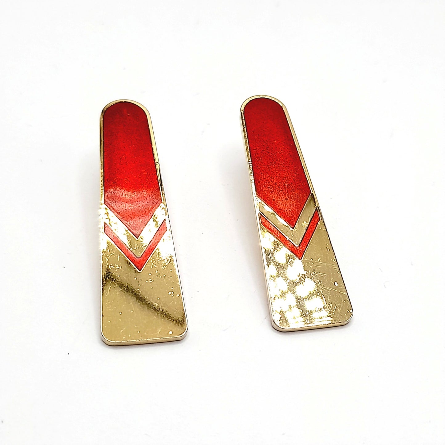 Vintage Laurel Burch Gold Red Chevron Post Earrings, 1980s, Gold Plated