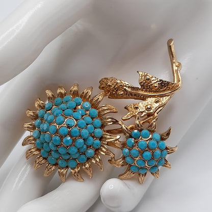 Hollycraft Gold Plated Floral Brooch, Turquoise Rhinestones, 1960s Vintage Jewelry