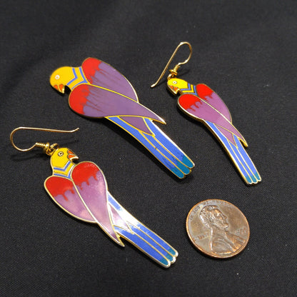 Laurel Burch Cezanne Parrot Earrings & Brooch Set, 22 KG Plated Cloisonne Enamel, 1980s