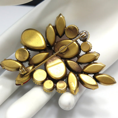 Kramer Red Iridescent Rhinestone Brooch, Aurora Borealis Rhinestones, 1960s Vintage Jewelry
