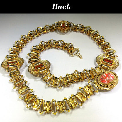 Book Chain Orange Gold Cabochon Lucite Belt or Long Necklace, Gold Robin's Egg Cabs, 36", 1960s Vintage Jewelry