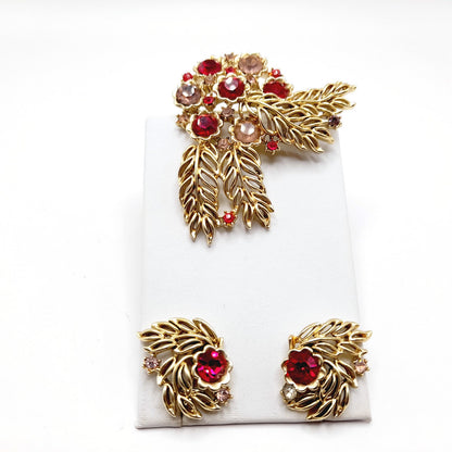 Vintage 1950s Pink Red Rhinestone Brooch Earrings Set, Gold Tone Floral Jewelry, Mid-Century Designer Statement Jewelry