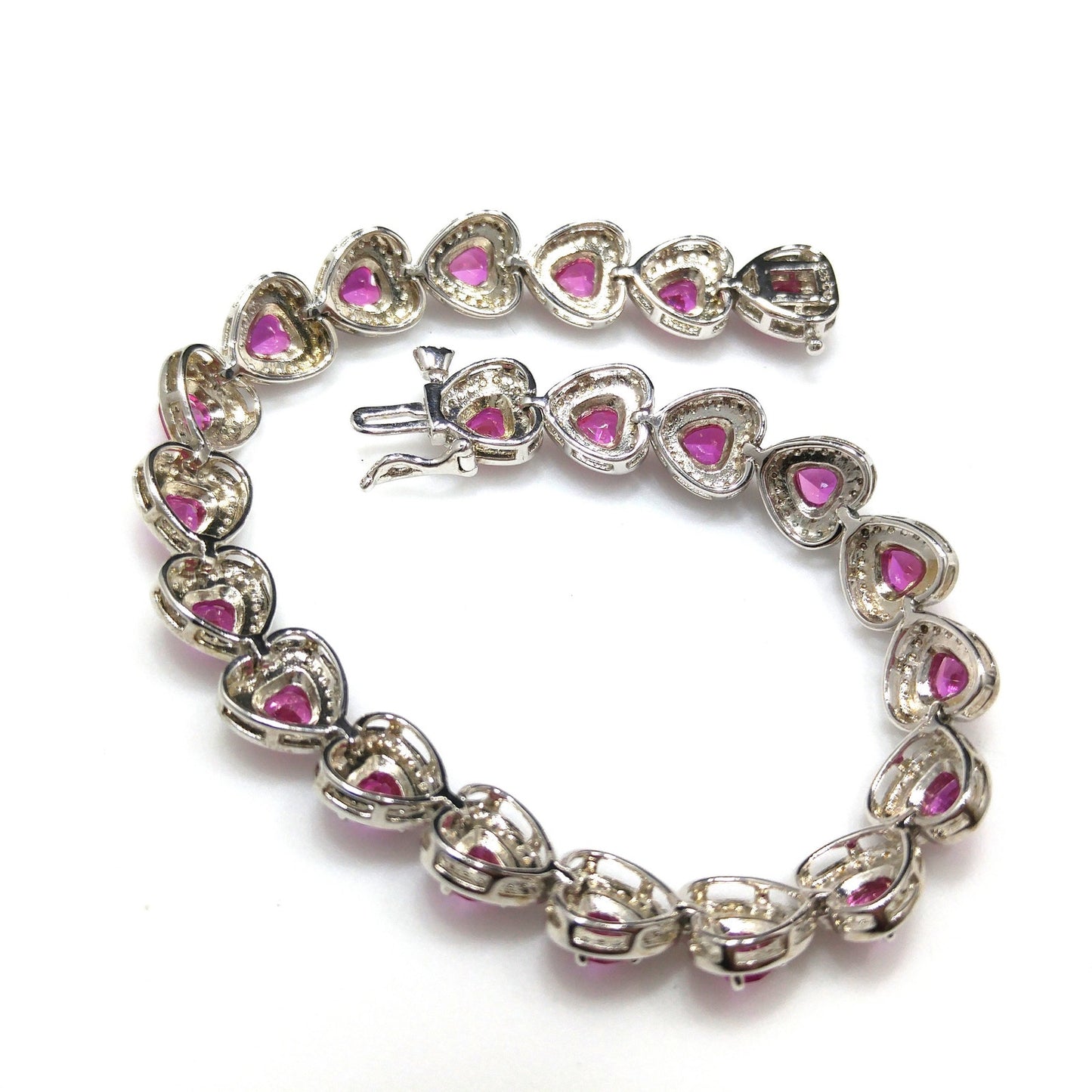 Vintage 925 Silver Ruby Heart Tennis Bracelet Pink Gemstone 7.25” Valentine Gift