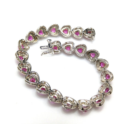 Vintage 925 Silver Ruby Heart Tennis Bracelet Pink Gemstone 7.25” Valentine Gift