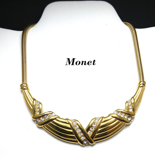 Monet Rhinestone Necklace, Gold Plated Snake Chain, 1960s Vintage Jewelry