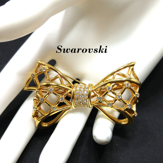 Swarovski Gold Bow Brooch, Clear Rhinestones, Vintage 1980s Jewelry