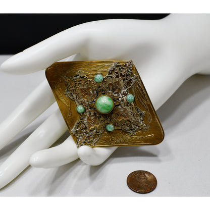 Vintage Brass Sash Pin, Green Marbled Cabochon, Early 1900s Vintage Jewelry
