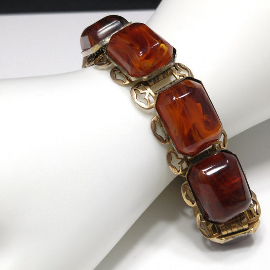 Book Chain Brown Art Glass Bracelet, Victorian Revival, Gold Plated, 1950s Vintage Jewelry