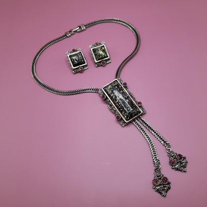 Vintage Selro Lucite Confetti Necklace Earrings Set, Purple Rhinestones, 1960s