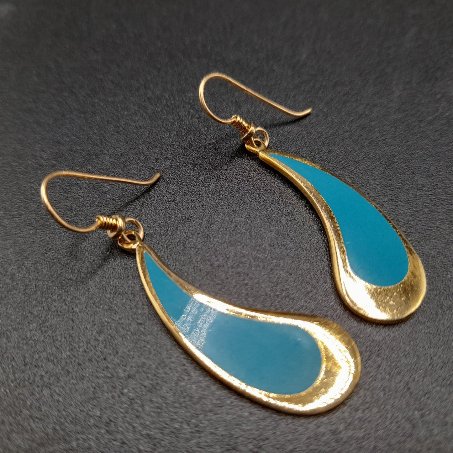 Vintage Laurel Burch Turquoise Drop Earrings, Curved Teardrop, Gold Plated